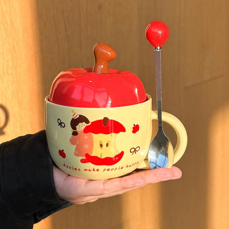 Apple Water Cup Cute Ceramic Cup Mug with Lid Spoon New Year's Birthday Gift for Girls