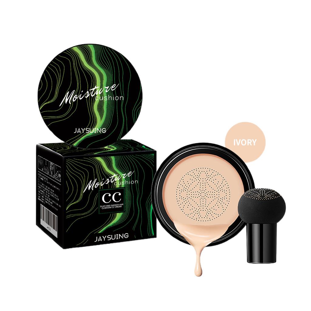 Jaysuing Mushroom Head Air Cushion CC Cream, Moisturizing Foundation Makeup with Mushroom Powder Puff, Full Coverage Concealer, Natural Nude Make Up