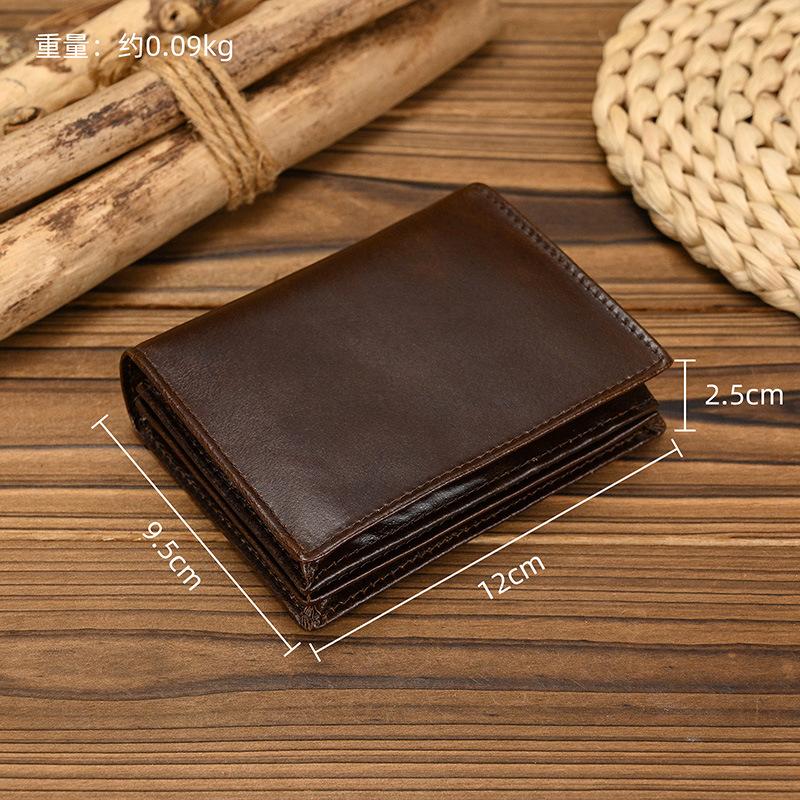 Cartera corta plegable de cuero genuino RFID, para hombres y mujeres, Anti-robo con cepillo, Cartera de cuero de vaca de primera capa, Cartera plegable de cuero aceitoso con múltiples tarjetas.