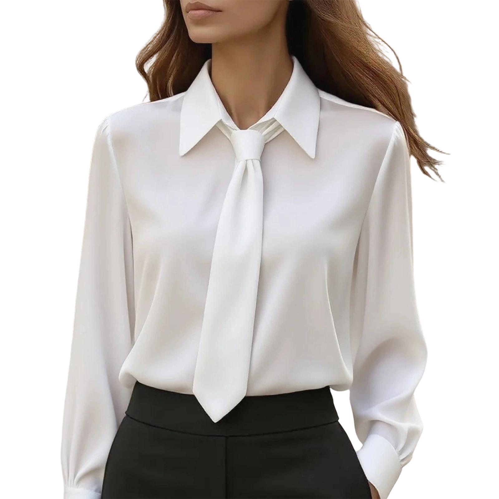 

Women s Casual, Fashionable, Solid-color Commuting Tie Long-sleeved Shirt Top XL білий