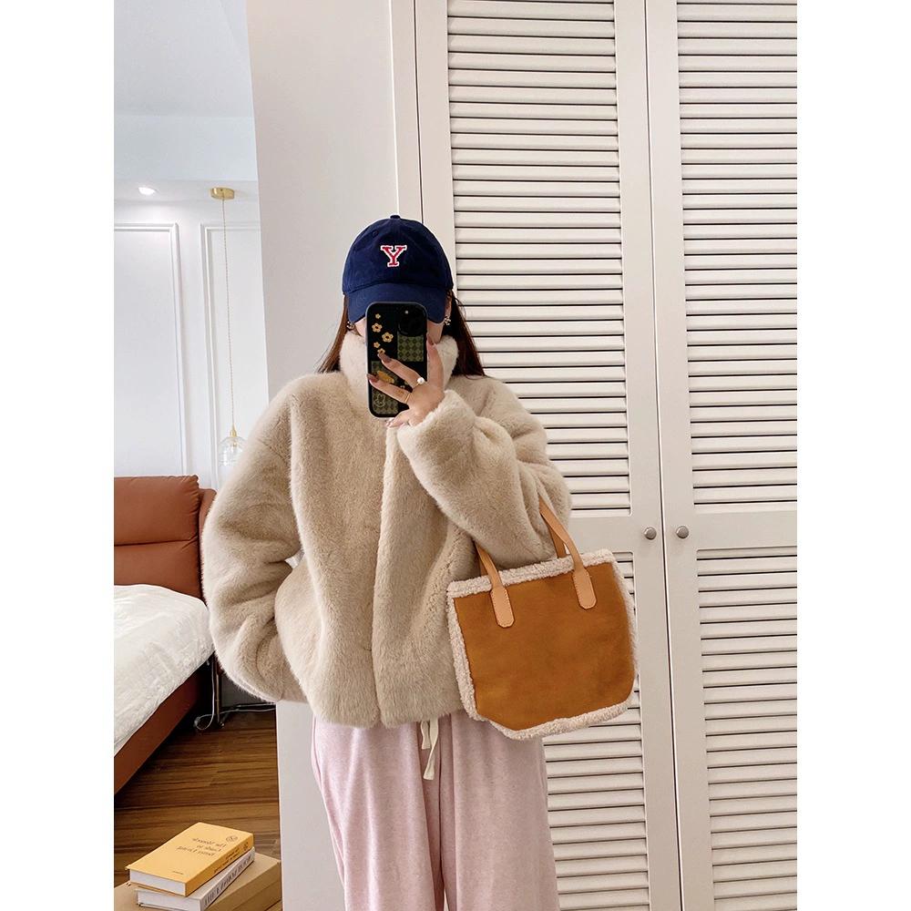 Krótkie futro jednoczęściowe ze stójką ze sztucznego futra norki futro przyjazne środowisku damskie jesienno-zimowe w stylu dojazdowym