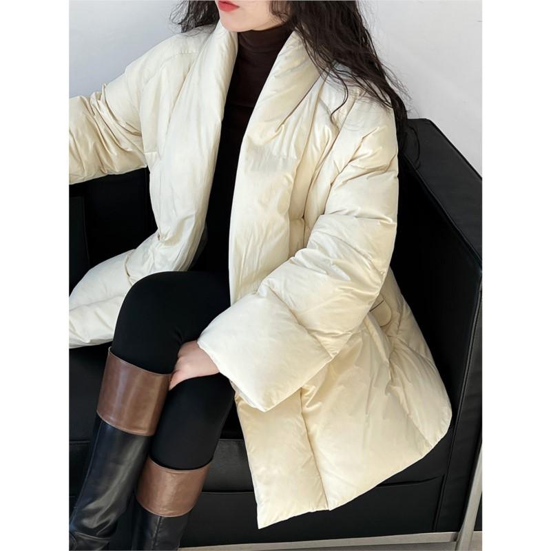 Johnature Winter V-neck Waist Down Jacket Women Lazy 90 White Duck Down Lace-up Chinese Warm Comfortable Jackets