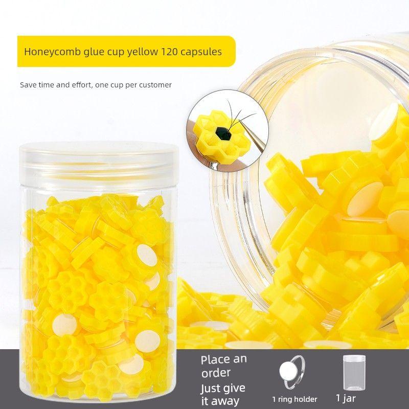 Self-Adhesive Plum Blossom Cup Eyelash Glue Cup with Built-In Adhesive, Delay Glue Cup, Specialized Tool for Grafting False Eyelashes Self-Adhesive Honeycomb Cup Barrel Yellow