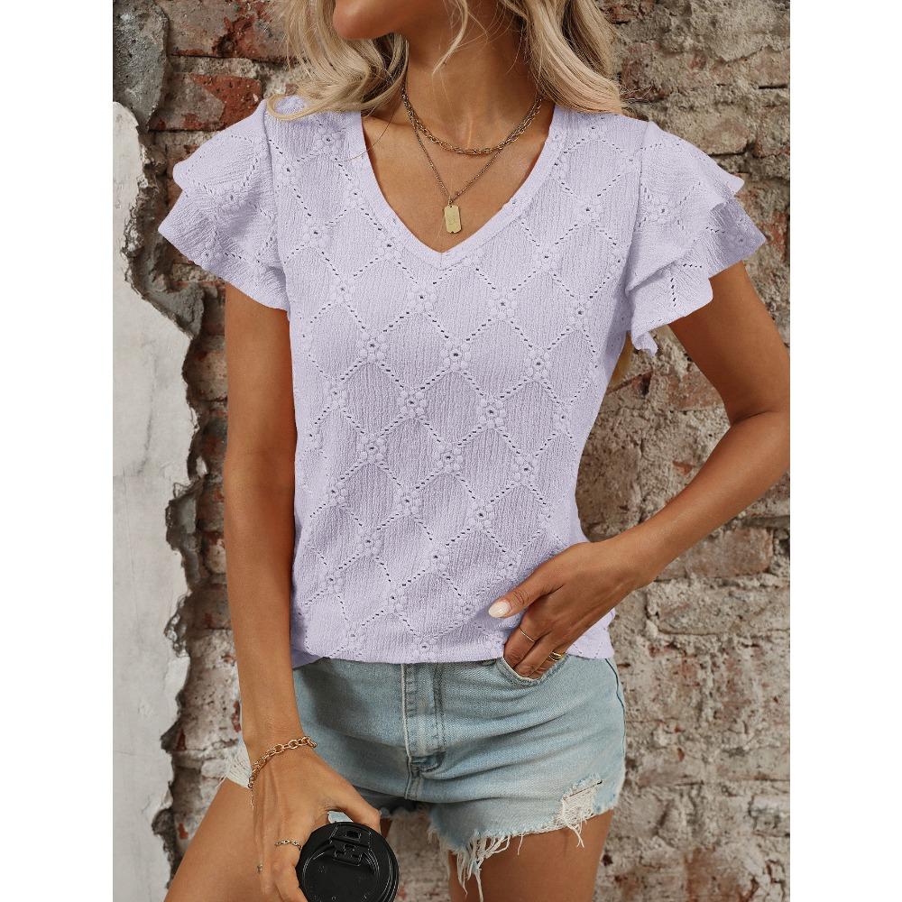 Frisches Sommer Damen Einfarbiges V-Ausschnitt Süßes Kurzarm T-Shirt Ausgehöhltes Top