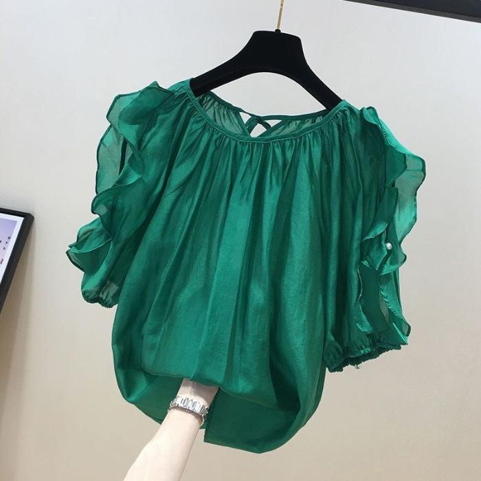 

Chiffon t-shirt women s new foreign style sweet age reduction fat sister temperament versatile chic top small shirt summer 3XL зелений