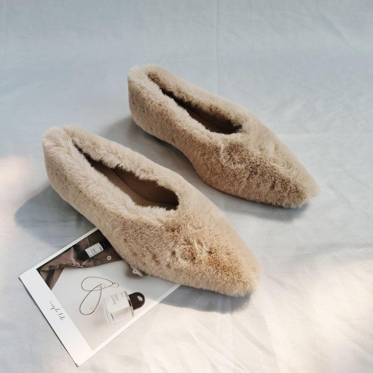 Fashion Fashion Pointed Toe Fur Ballet Flat Woman Winter Warm Plush Shallow Loafer Ladies Concise Furry Heeled Dress Shoes Zapatos Mujer