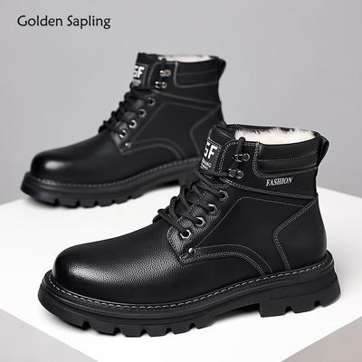 Fashion Golden Sapling British Style Warm Men's Boots Classics Black Leather Male Ankle Botas Outdoor Rouns Toe Thicken Plush Shoes Man