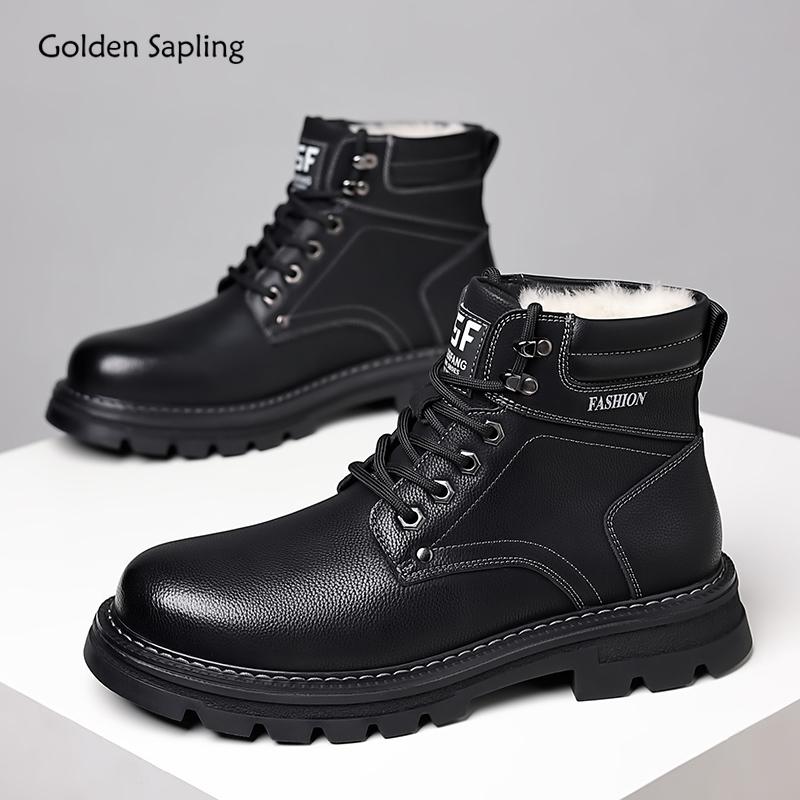 Golden Sapling British Style Warm Men's Boots Classics Black Leather Male Ankle Botas Outdoor Rouns Toe Thicken Plush Shoes Man