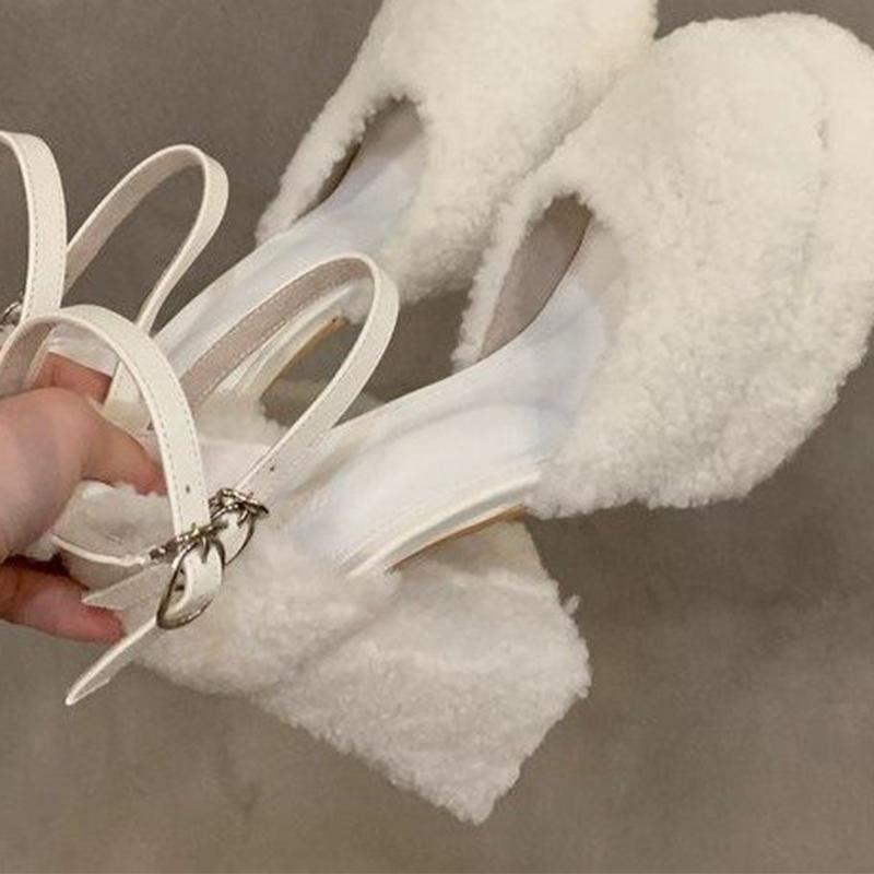 Fur High Heels Women Mary Jane Shoes Designer Chunky Woman Shoes  Elegant Autumn Sandals Pumps Dress Luxury Mujer