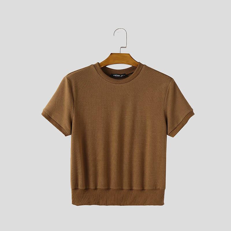 

INCERUN Men Round Neck Short Sleeve Solid Color Casual Cropped T-shirts L