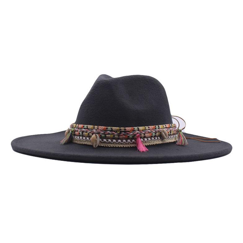 Autumn and Winter Retro Woolen Top Hat Women's New Ethnic Style Jazz Hat European and American Bell-shaped Hip-hop Cm Big Brim Felt Hat