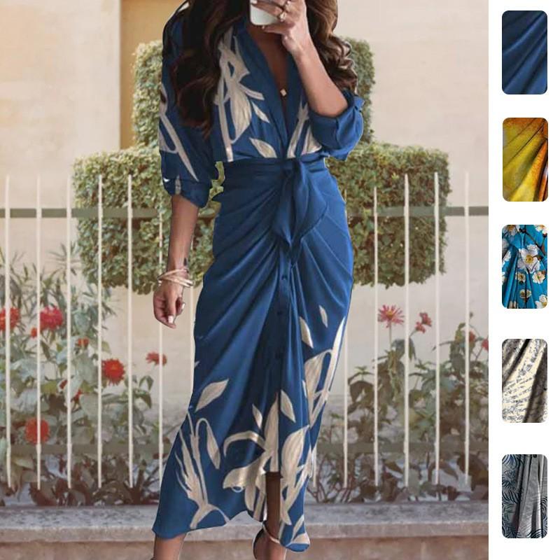 2026 Womens Elegant V-Neck Wrap Tie High-Waist Floral Print Long Dress Slim Fit Casual Office Wear