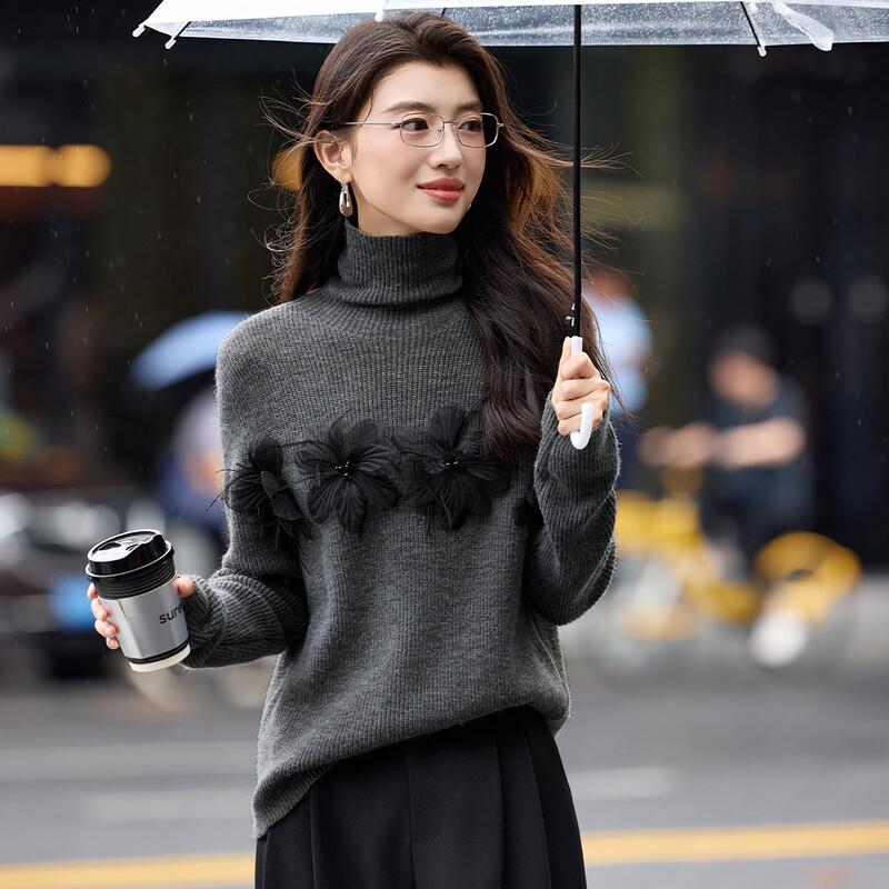 

Women s Stacked Turtleneck 3D Floral Knit Sweater M