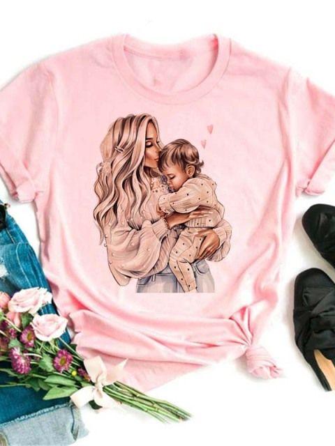 Women T Shirt Cartoon Mom Daughter Son Print Lady Tshirts Short Sleeve Tops Womens Kawaii Graphic Female Tshirt Clothe
