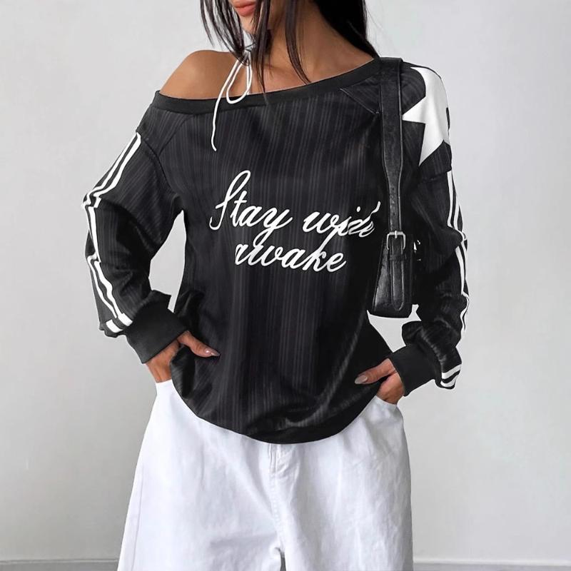 European and American Y2K sloping shoulder strap long sleeved women's autumn sports style spicy girl slimming off off shoulder top