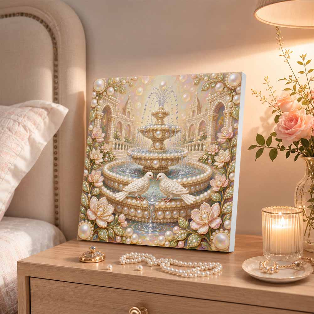 Pearl Painting 5D DIY Decorative Painting. Cute Birthday Gift. Elegant Palace Fountain With Doves And Flowers Handmade Art Painting