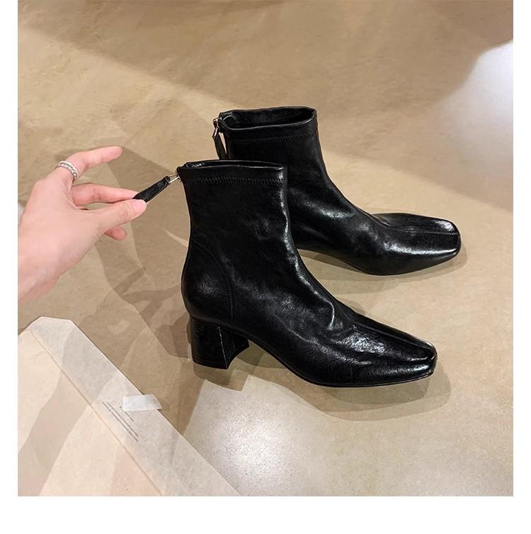 

Super soft sheepskin grape mother with square head thick heel Korean rear zipper high heel bare boots Martin boots women s thin short boots 34