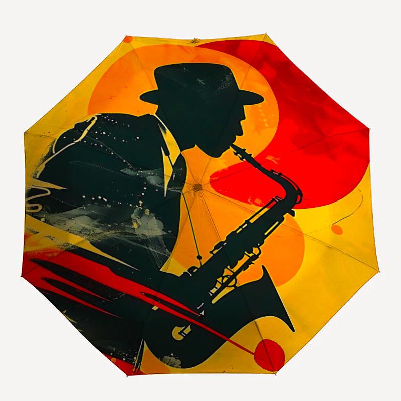 1pc Saxophone Musician Automatic Folding Umbrella - Windproof Compact Travel Umbrella with Auto Open/Close, 8-Rib Heavy-Duty Shaft for Women/Men A055