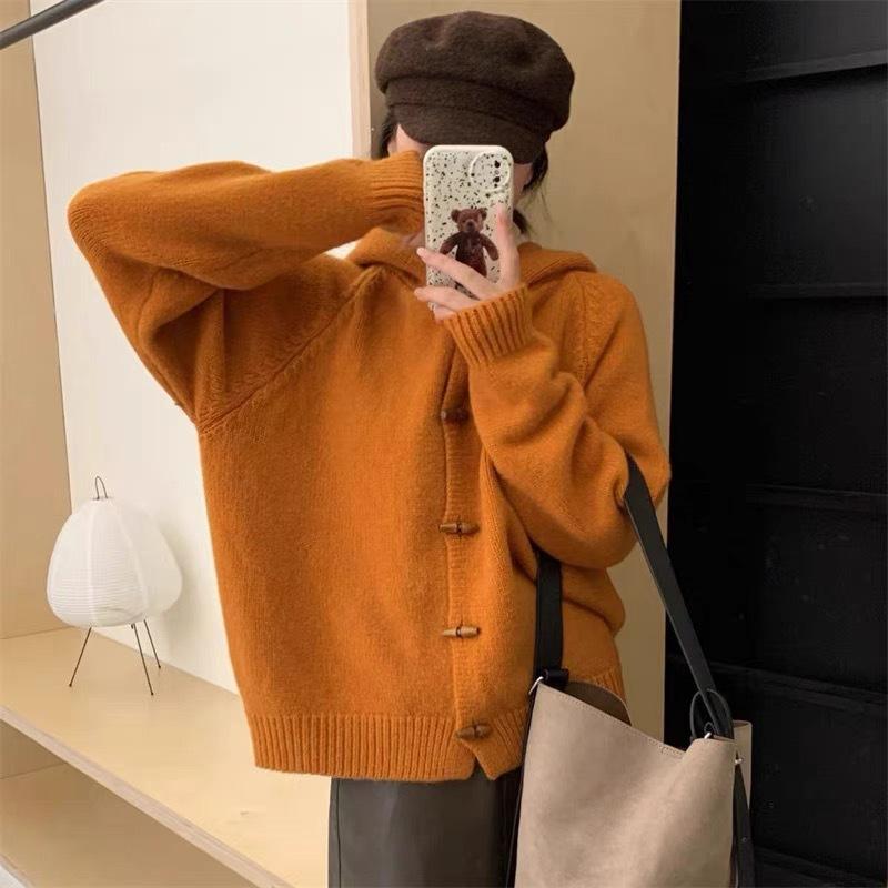 Autumn and winter new retro hooded horn buckle knitted cardigan women's soft waxy solid color loose age-reducing sweater jacket