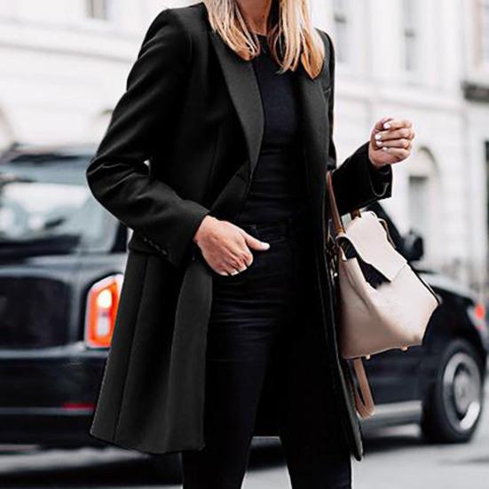 Women Jacket Solid Color Turn-down Collar Single-breasted Long Autumn Blazer for Work