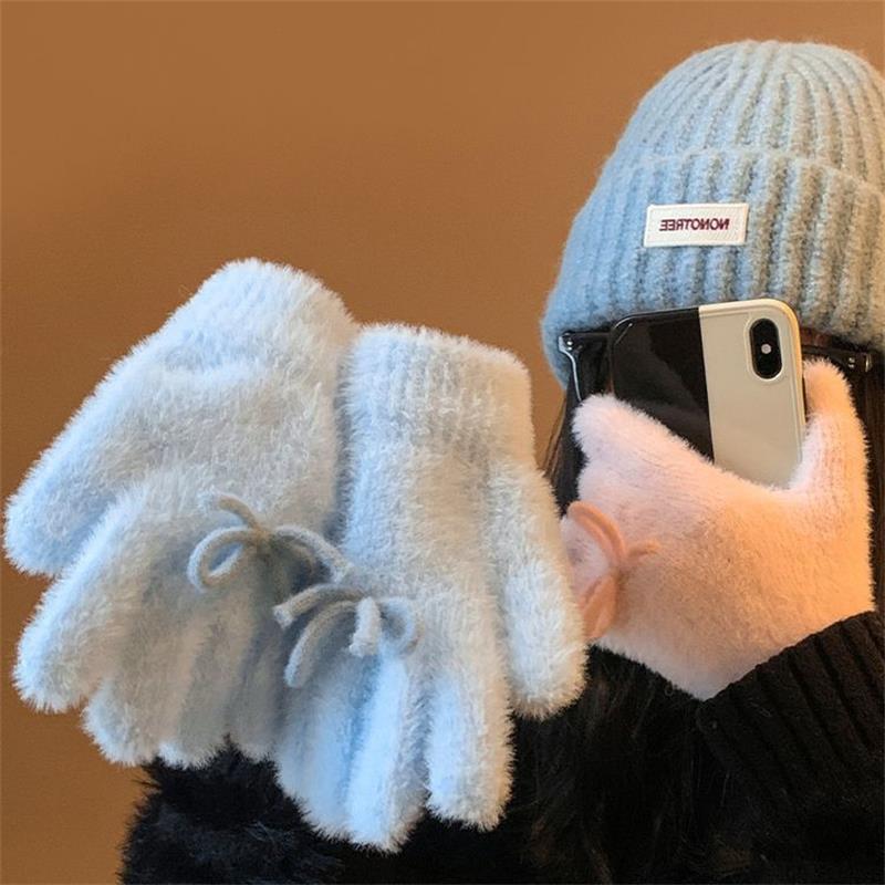 Cute Sweet Bow Plush Gloves Cold-Proof Gloves Student Winter Warm Five-Finger Gloves Women Fashion Accessories Christmas Gifts