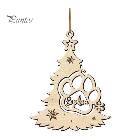 Wooden Christmas Tree Ornaments Wood Pendant with Paw Print, Hollow Engraved Hanging Holiday Gifts for Pet Lovers Ornament, Rustic Style Craft