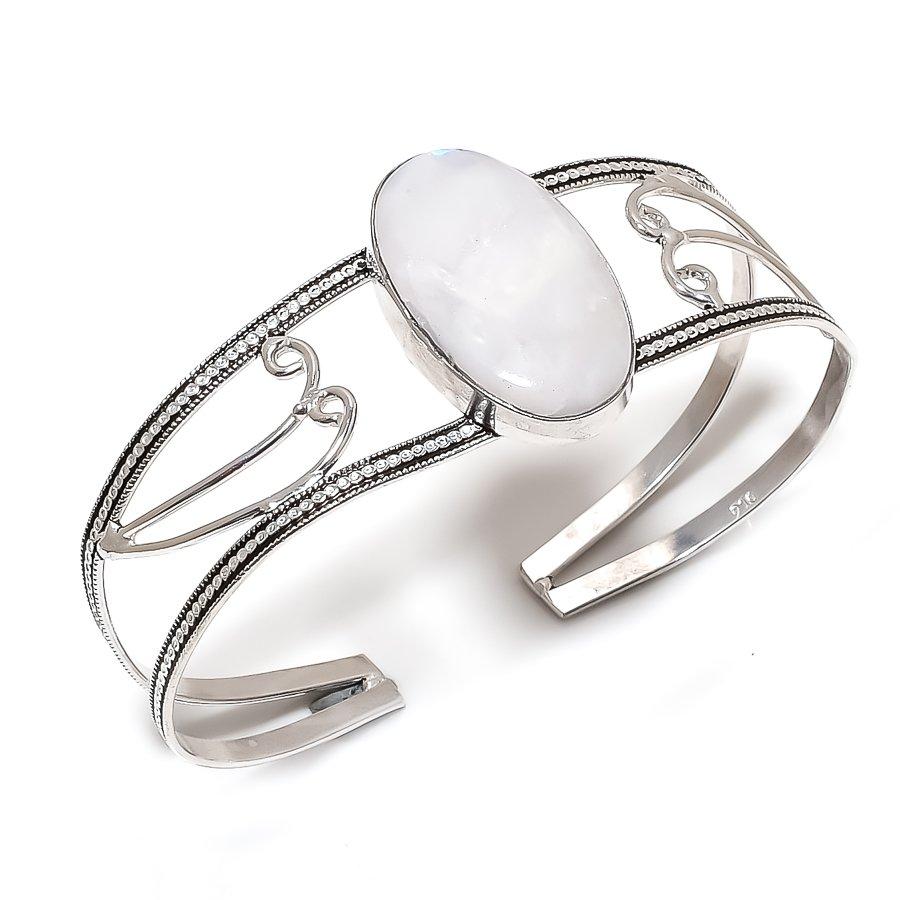 

Натуральный Лунный Камень Драгоценный Камень 925 Стерлинговое Серебро Манжета Браслет Регулируемый v7K17