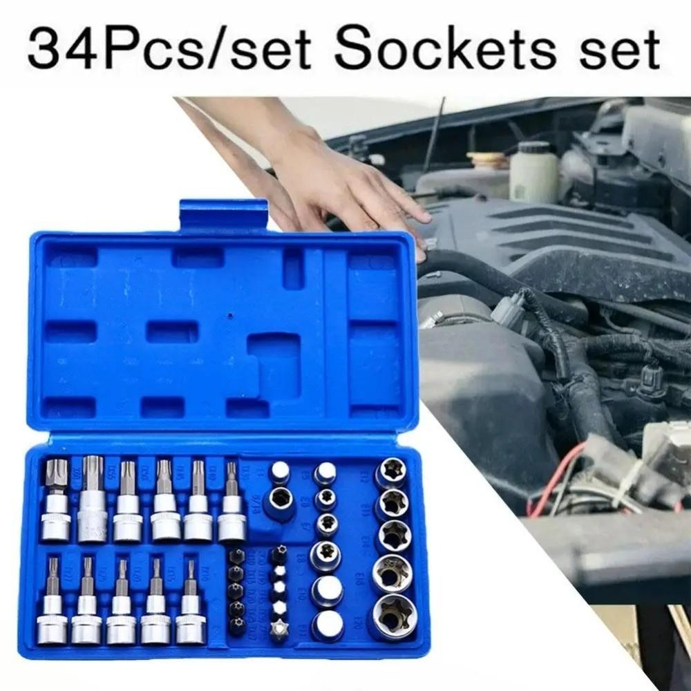 34Pcs/ Set Male Female Bits Drive Torx Star Bit socket Torx Bit Socket  Automotive Repair