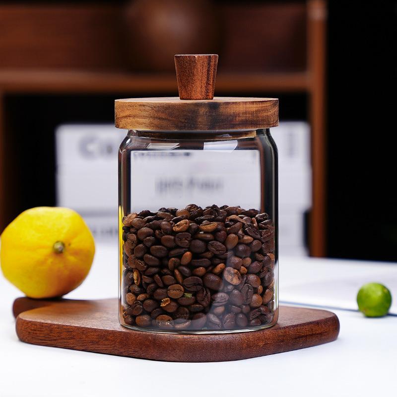 New household thickened honey storage tank with stirring stick Acacia wood cover transparent glass food sealed jar