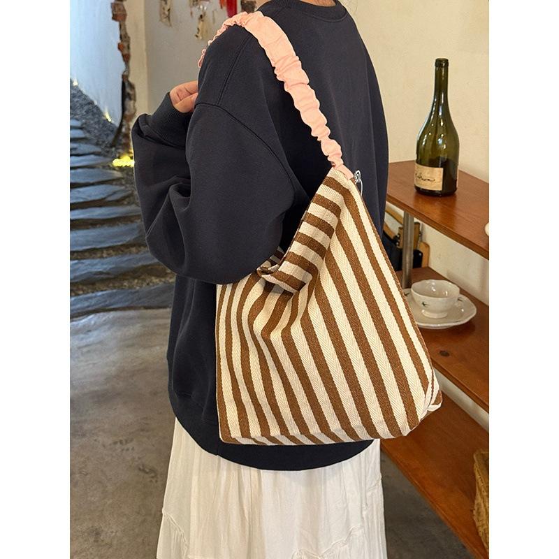 Niche Striped Canvas Bag Women's 2025 New Large-capacity Shoulder Bag Lazy Wind Contrasting Color Literary Tote Bag