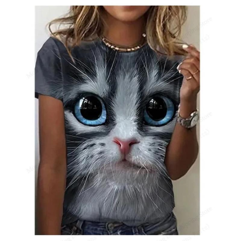 Summer Round Neck 3D Cat Print Top Fashionable Casual Short Sleeved Women's T-shirts