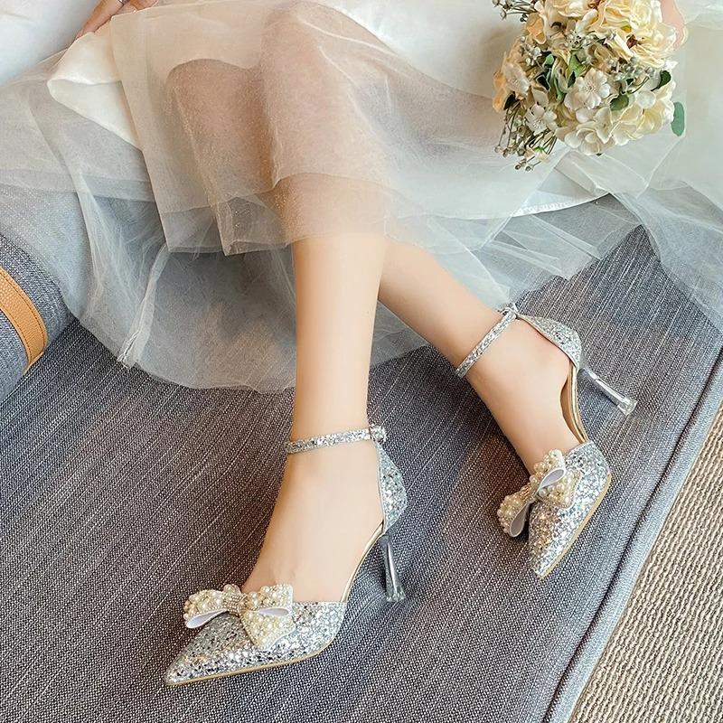 Fashion 2024 New Pearl Bowtie Thin Heels Wedding Shoes Women Bing Shiny Ankle Strap Pumps Woman Sexy Pointed Toe Sequins High Heel Shoes