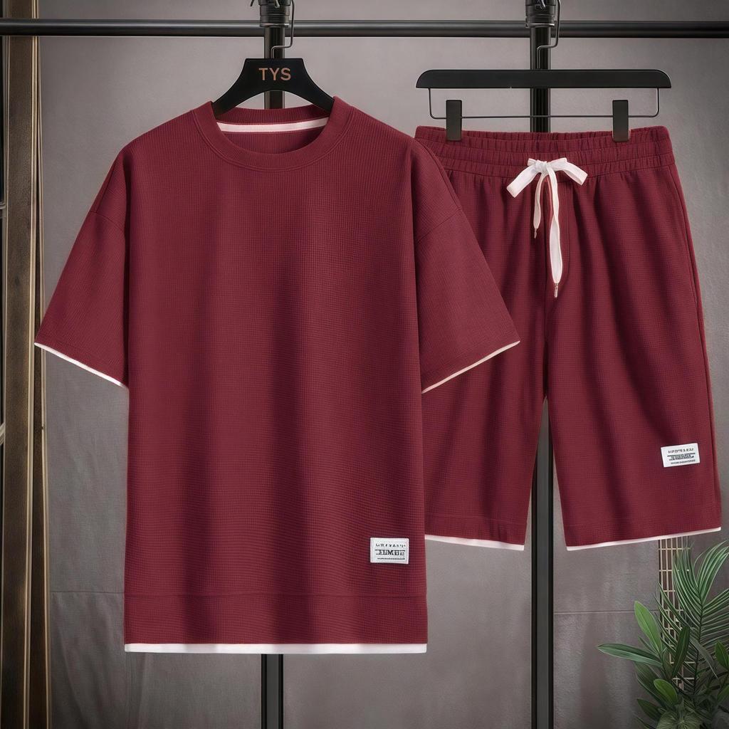 Men Waffle Summer Round Neck T-shirt Shorts Two-piece Men's Suit Comfortable Thin Fake Two-piece Short-sleeved Suit