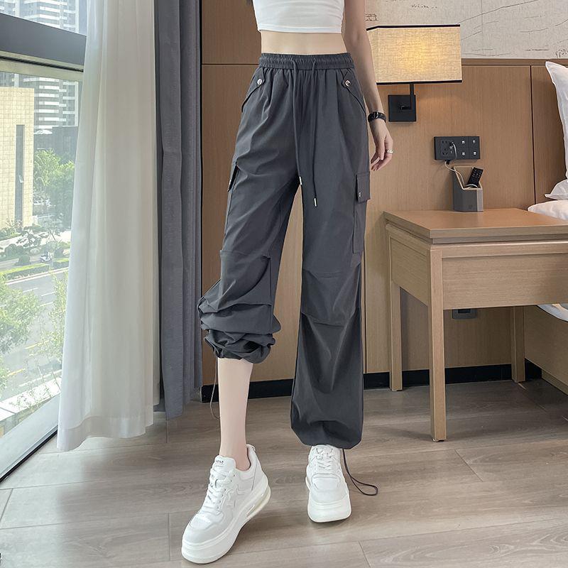 Petite Women's Cuffed Cargo Pants - High Waist Wide Leg for Mountain Climbing and Sports, Casual Spring/Autumn Wear