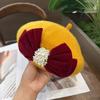 Autumn and winter bow beret woolen pearl versatile big head circumference showing face small painter hat flat top national style