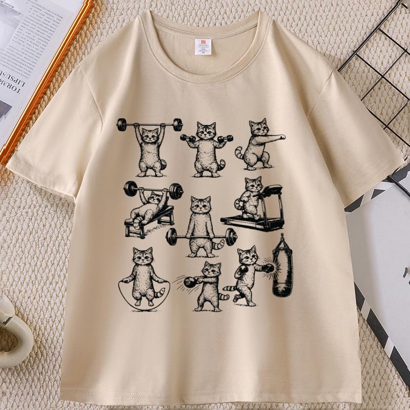 Funny Cats Gym T Shirt Unisex WOMEN Cat Workout T-Shirt Weight Lifting Gym Cat Tee O Neck Short Sleeve Tee Shirt Unisex Clothing