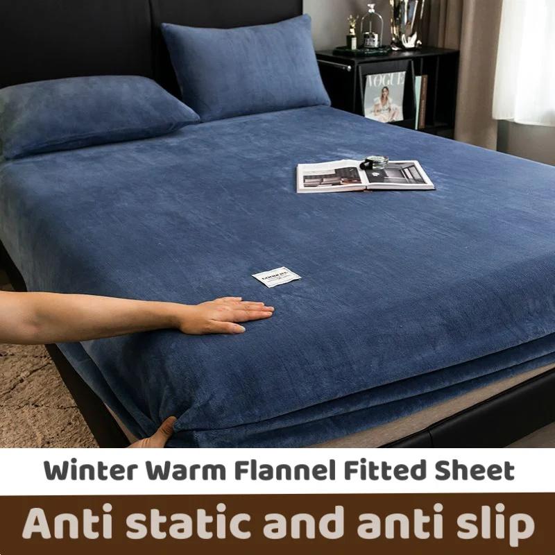 Soft Warm Velvet Bedspread Mattress Cover Bed Linen Protector Mattress Protector Soft Bedspread Fleece Bed Cover Plush Elastic Fitted Sheet