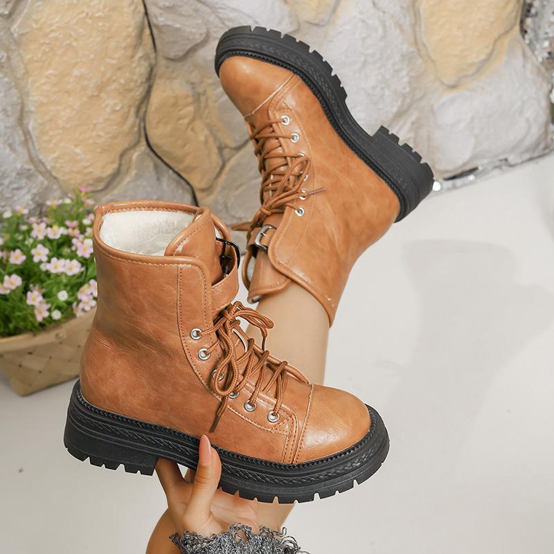 Brown Pu Leather Platform Ankle Boots Women Fashion Lace Up Short Plush Winter Boots Woman Plus Size 43 Non Slip Short Booties