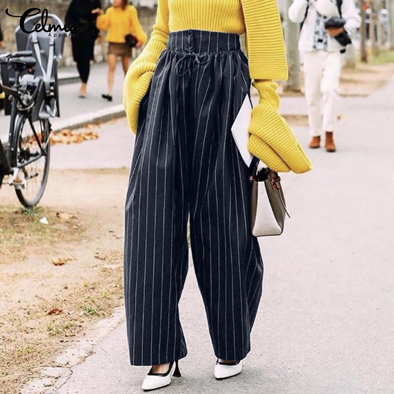 

Макси-брюки Celmia в полоску с высокой талией и шнуровкой