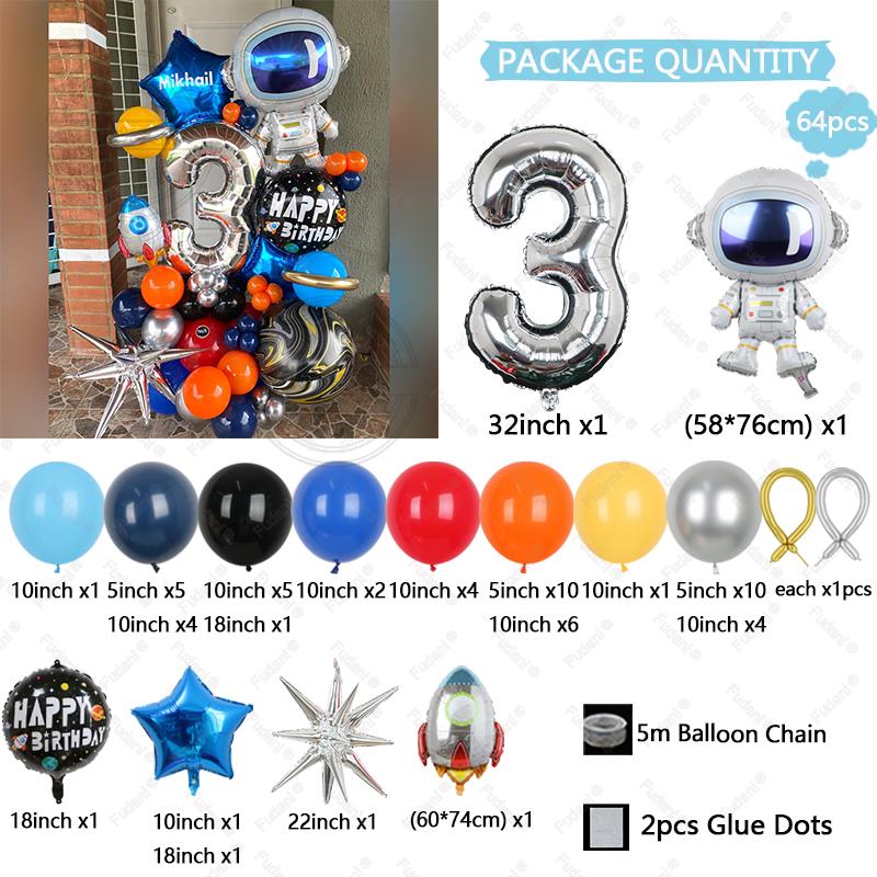 64pcs Astronaut Rocket Balloon Silver Number Birthday Balloon Set Space Theme Party Decoration Children's Party Supplies