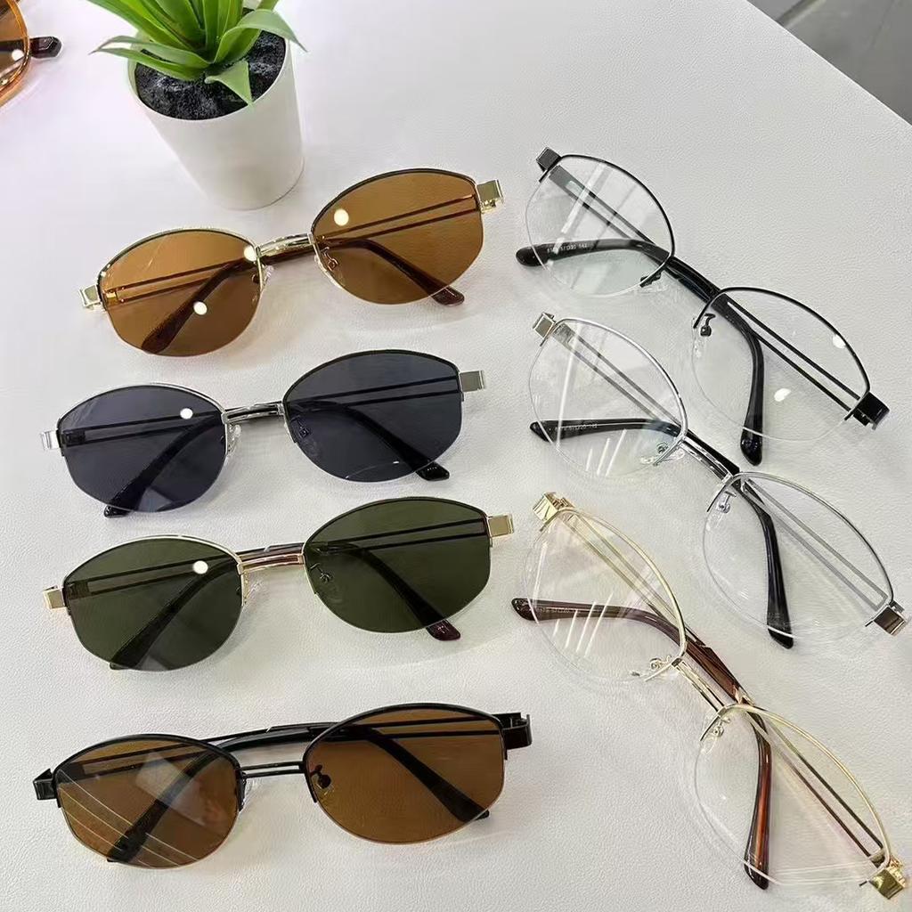 Vintage Style Women Sun Glass Oval Shape Semi-Rimless Uv Protection Sunglasses For Men Fashion Trendy Party Sunglasses