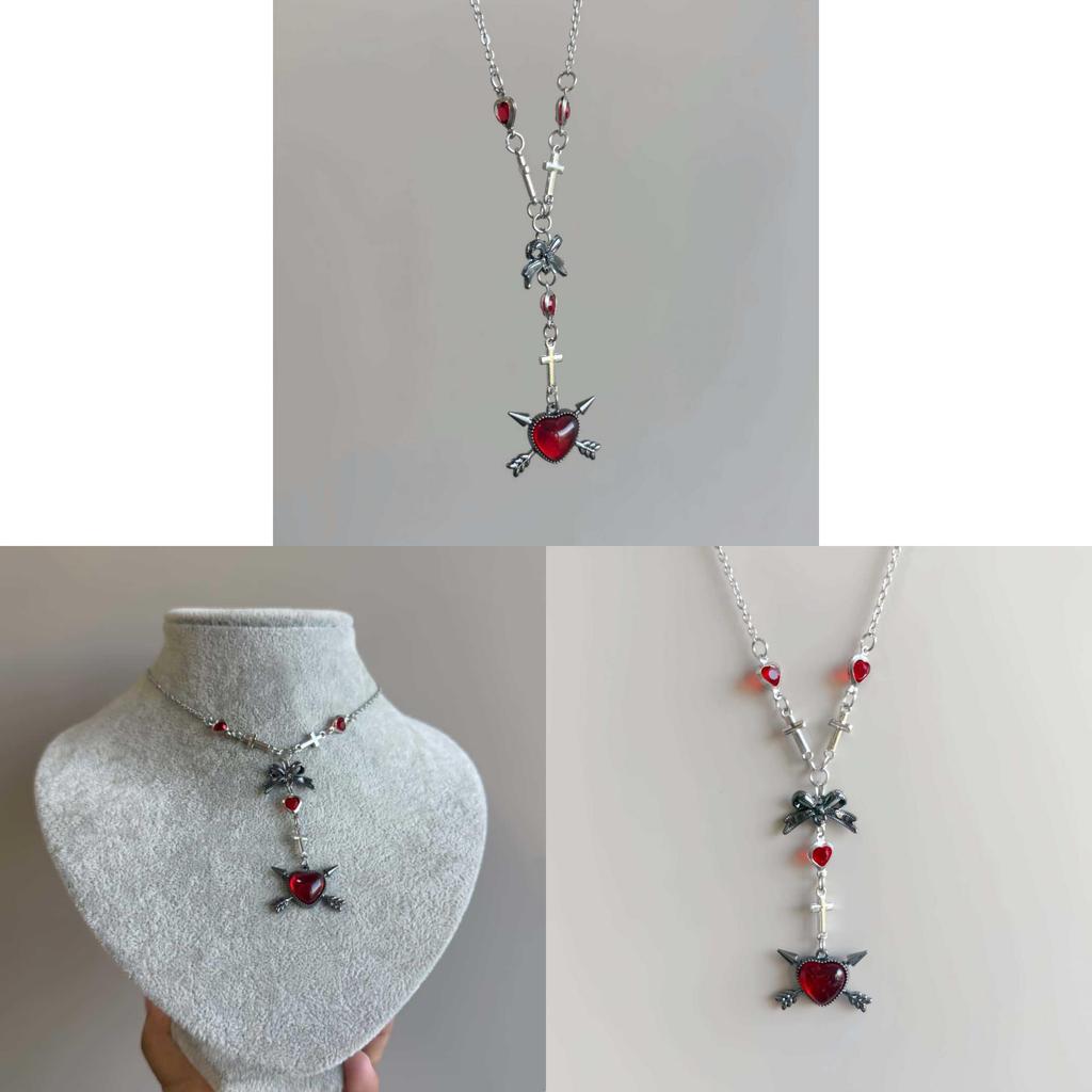 Dark Punk Red Black Heart Butterfly Necklace With Antique Zinc Alloy For Women