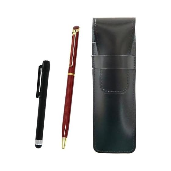 Slim Genuine Leather Pen Case Black, Metal Touch Pen Black & Epoxy Ballpoint Pen Set Red ASB-ALB-WD002-R, Made in Japan Genuine Leather Pen Case,