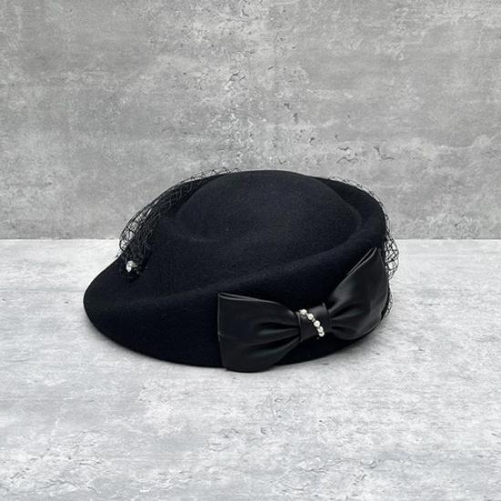 1x Lady Elegant Wool Blend Beret Hat with Bowknot & Mesh Veil Retro Painter Hat