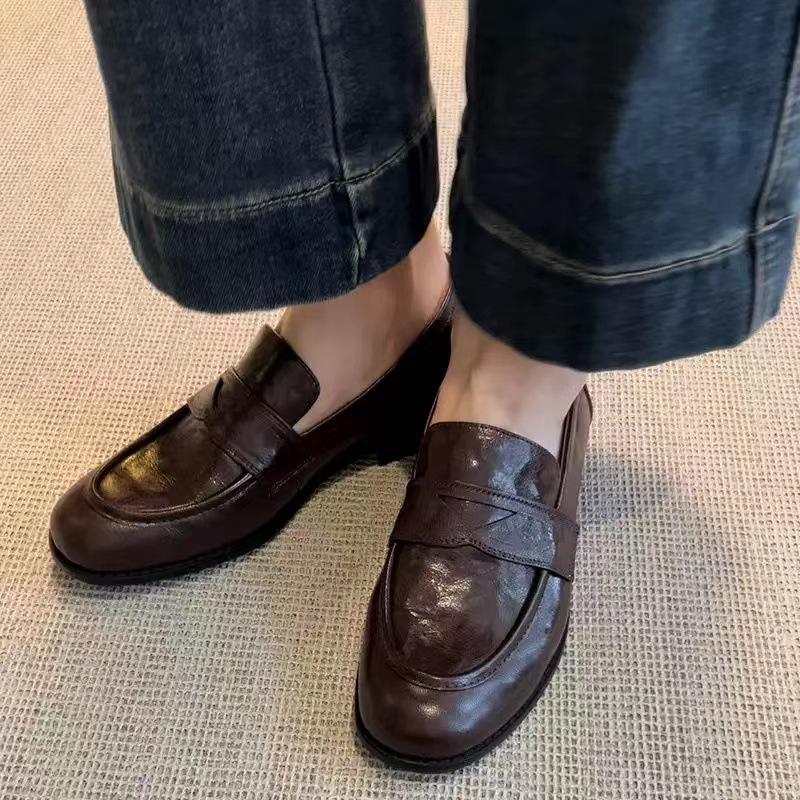 Cowhide~ Retro French Small Leather Shoes One-pedal Thick Heel Flat-soled Single Shoes British Style Commuting Platform Loafers Women