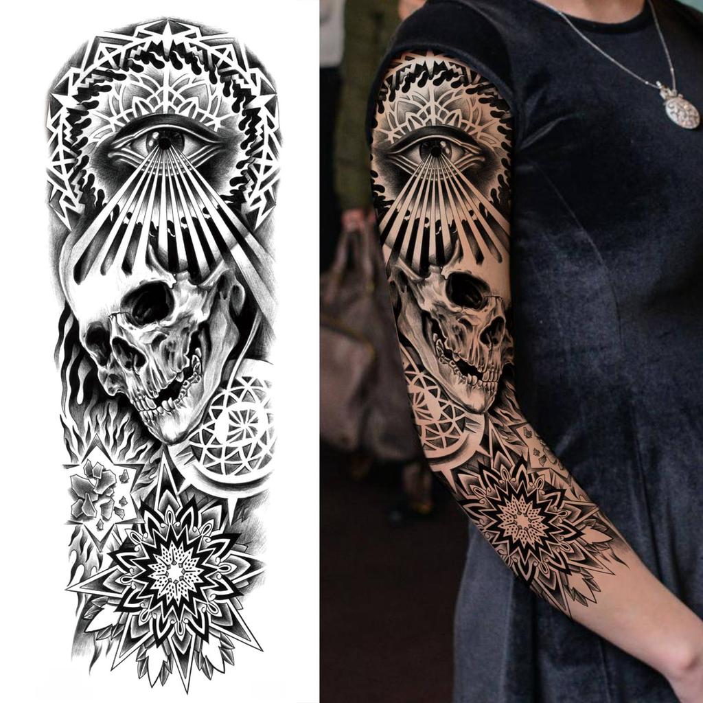 1 Sheet Long Sleeve Temporary Tattoos For Men Women Flower Skull Lion Wolf Tiger Nun Fox Compass Tattoo Sticker Body Art Arm Leg