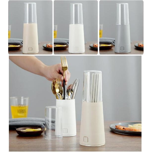Beige Plastic Chopstick Holder with Lid, Detachable Drain Rack for Kitchen Utensils Organization, Spoon and Fork Storage Organizer, 3.34 X 3.34 X