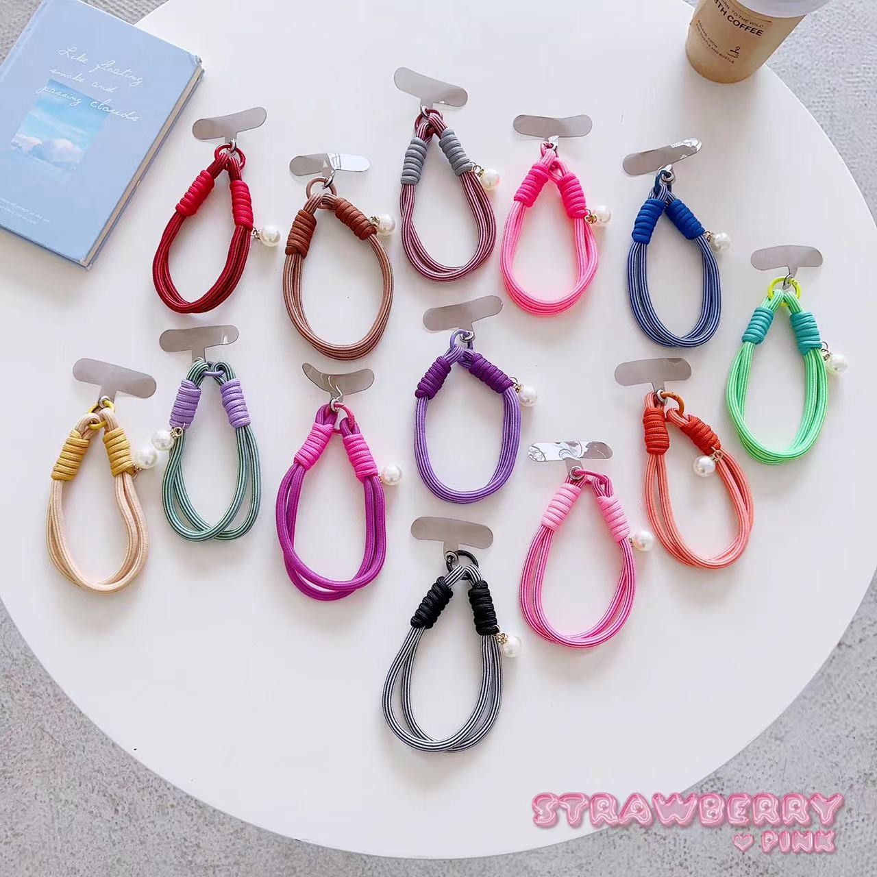 

Phone Short Lanyard 30cm Wrist Strap Nylon Pearl Hand Strap with Tether Tab Red
