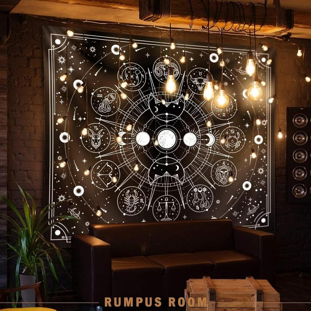Zodiac Astrology Tapestry - Black and White Constellation Wall Hanging for Teen Girl's Bedroom, Living Room, Dorm (51x59 inches)