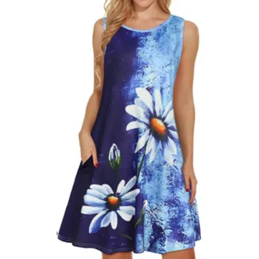 Women Sleeveless Dress Floral Print Ladies Oversized Round Neck Loose Soft Comfortable Holiday Summer Dress